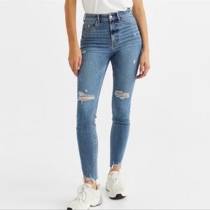 H&M Skinny Ankle High Waist Blue Denim Distressed hem Jeans